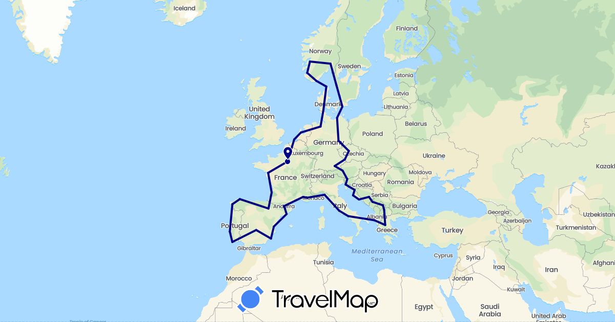 TravelMap itinerary: driving in Andorra, Albania, Austria, Bosnia and Herzegovina, Czech Republic, Germany, Denmark, Spain, France, Greece, Croatia, Italy, Montenegro, Macedonia, Netherlands, Norway, Portugal, Sweden, Slovenia (Europe)